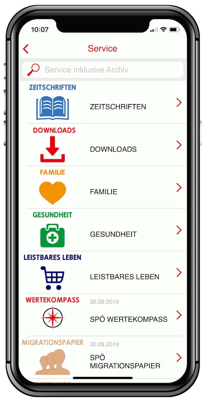 Service-Ansicht der SPÖ Kärnten App